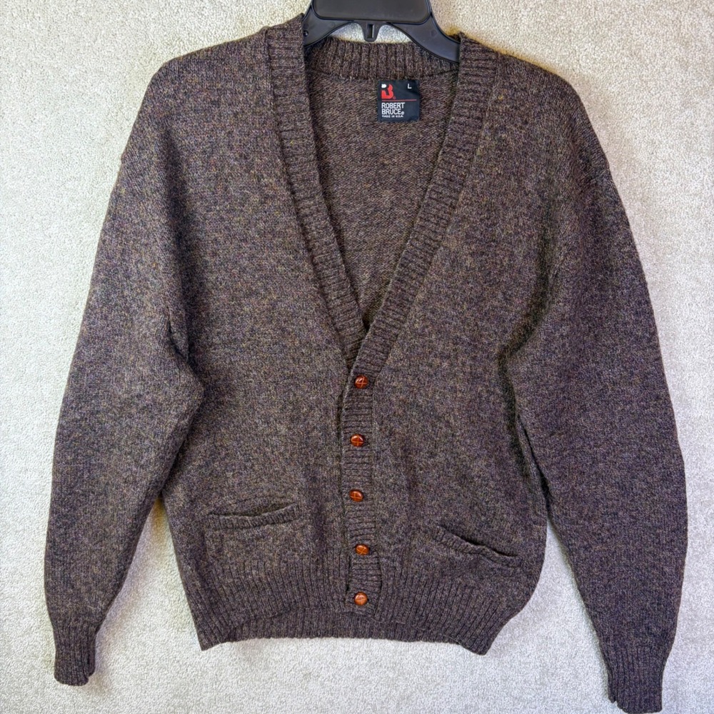Vintage Robert Bruce Cardigan Sweater Men Large Brown Wool Blend V-Neck Knit USA